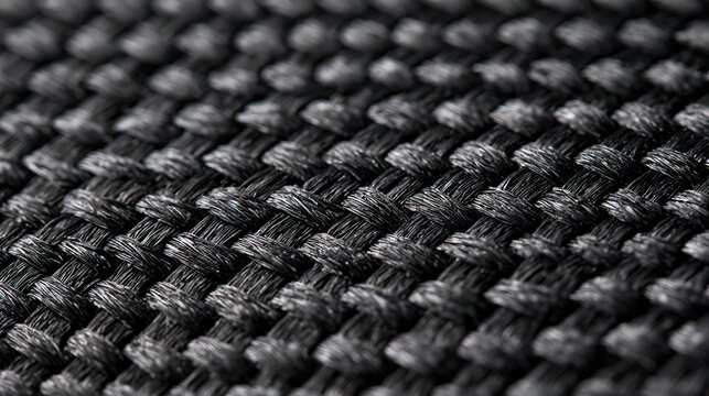Extreme macro close-up of a dark black woven synthetic textile texture. This detailed pattern is ideal for modern material design and industrial background concepts.