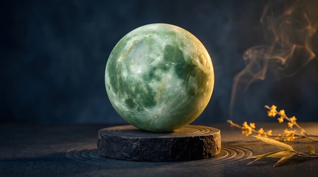 Glowing jade moon sphere resting on dark stone pedestal with smoke and autumn flower branch