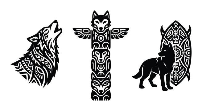 Wolf silhouettes set with howling wolf, totem pole, and standing wolf with shield, tribal art for logo and print