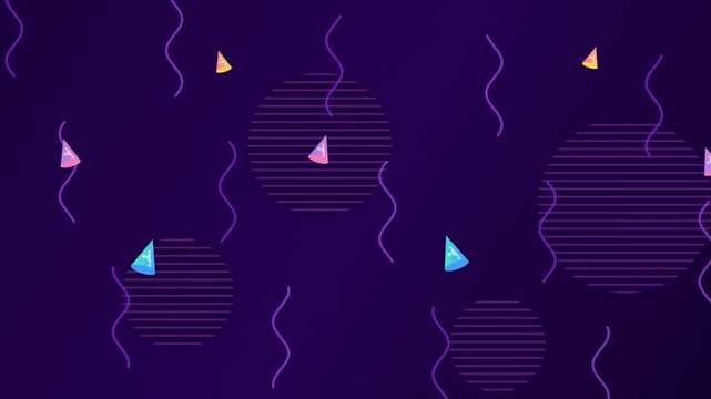 Minimalist Party Celebration Animation Featuring Colorful Conical Hats Floating With Wavy Streamers And Horizontal Line Patterned Circles On A Deep Purple Backdrop Perfect For Festive Holiday Graphics