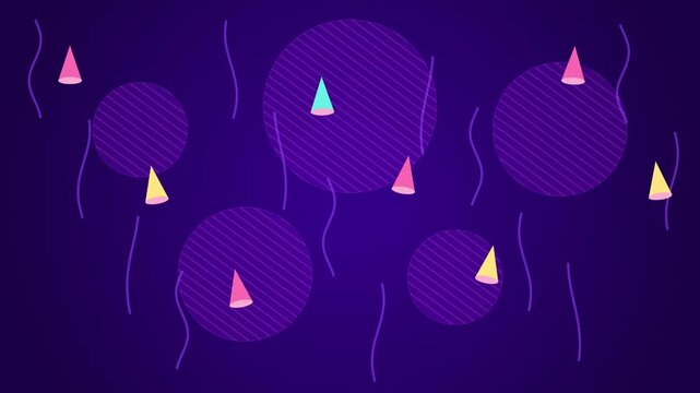 Minimalist Party Celebration Animation Featuring Colorful Cone Hats And Circular Patterned Shapes Floating Against A Deep Dark Purple Gradient Background Seamless Looping Motion Graphic Visual Element