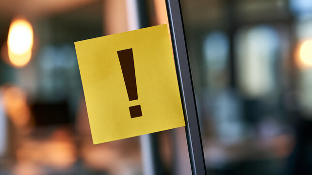 Yellow sticky note with an exclamation mark attached to a glass office wall. Concept for urgent business reminders and important communication.