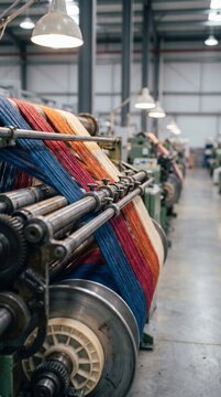 Industrial spinning machinery winding colorful threads onto textile spools  
