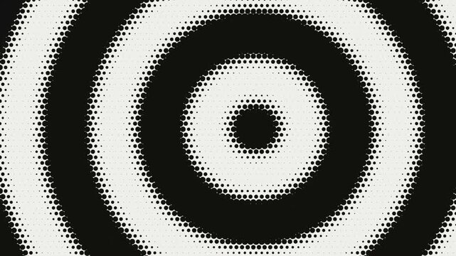 Hypnotic black and white halftone concentric circle optical illusion pattern