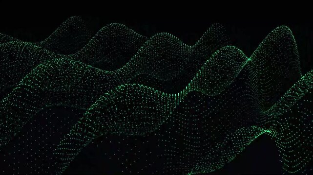 Digital grid landscape with glowing green data points and terrain waves wave