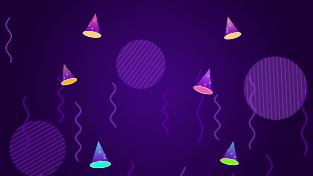 Purple party background with spinning colorful wizard hats and wavy serpentine ribbons motion graphics animation featuring a dark textured circular pattern design for festive birthday or carnival even