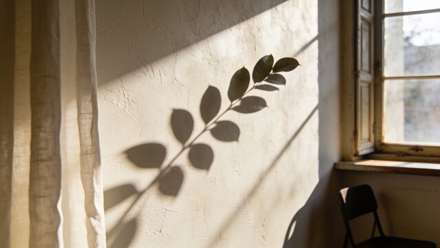 Casting leafy branch shadow across plaster wall in sunlit corner with sheer curtain and open window