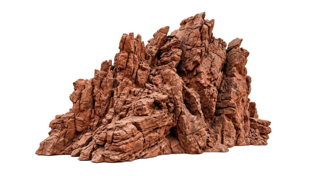 Rock formation &mdash; Photorealistic jagged reddish-brown rock formation, rugged layered stone surface with natural cracks and weathered geological texture; front three-quarter view, razor-sharp surface