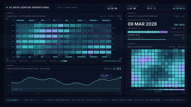 Digital data center operations dashboard showing server cooling zones