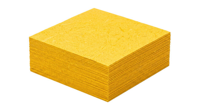 Stack of textured yellow paper notes with neatly aligned square sheets and visible fibrous paper surface. Photorealistic studio product photography, three-quarter top view, tack-sharp focus,