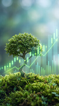 Sustainable Green Business Growth with Rising Financial Charts, ESG Strategy, Energy Efficiency, Eco Friendly Investment, Vertical bg