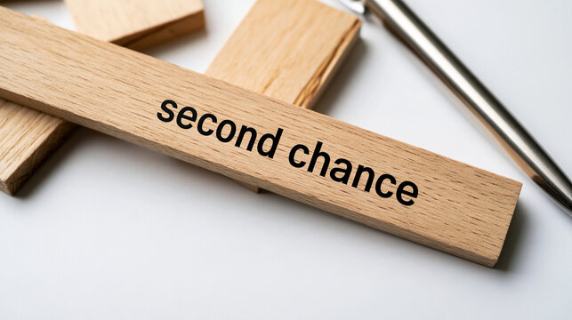 Wooden block with the text second chance placed on a white desk with a metal pen. Concept for personal growth, redemption, and life improvements.