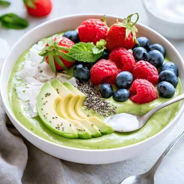 Healthy green smoothie bowl with avocado, strawberries, blueberries, raspberries, coconut, seeds and mint leaves. Fresh vegan breakfast or snack, close-up, top view.