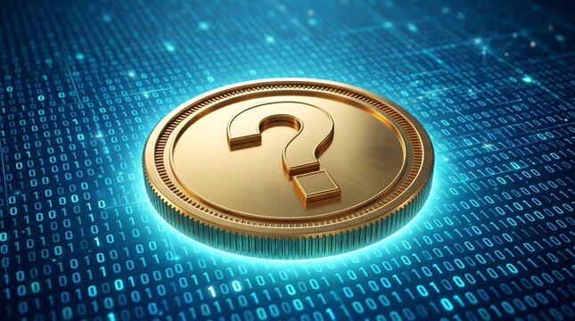 Golden coin with a question mark symbol resting on a digital background of glowing blue binary code, representing cryptocurrency uncertainty, financial technology, or digital investment risks