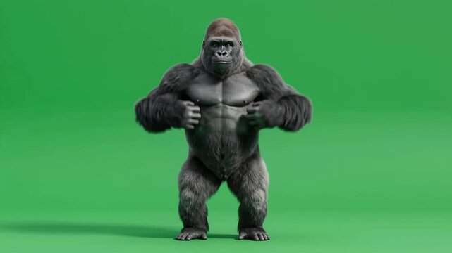 Large silverback gorilla dancing on a solid green screen background