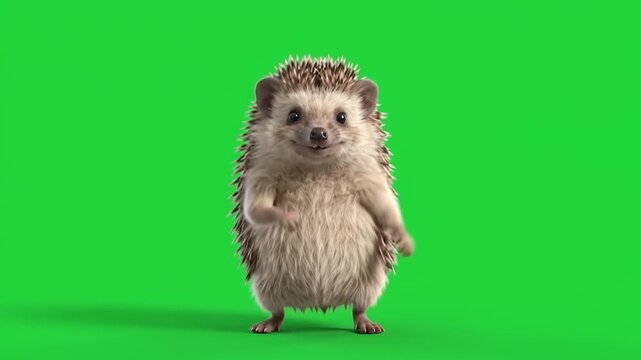 Cute hedgehog standing on two legs dancing isolated on a solid green