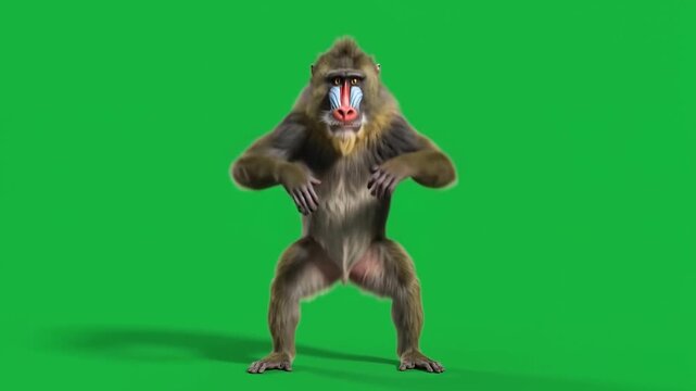 Mandrill monkey walking and dancing isolated on a solid green screen