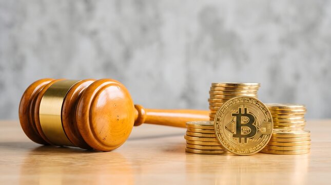 Wooden judge gavel with gold bitcoin cryptocurrency physical tokens stacked on a wooden table legal regulations and cryptocurrency law concept