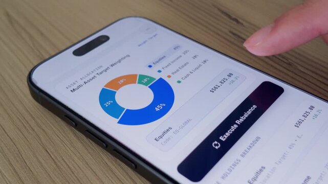 Macro close up of a finger executing a portfolio rebalance on a wealth app.