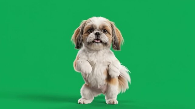 Cute shih tzu dog standing on hind legs dancing isolated on a green