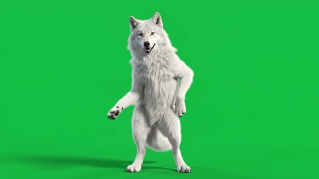 White arctic wolf walking towards camera isolated on green screen