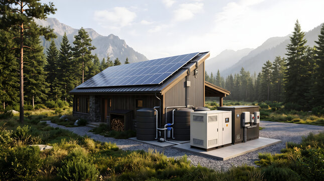 Sustainable off-grid modern house with rooftop solar panels and exterior energy storage photo, mountain cabin with rainwater collection system in wilderness setting, and net zero home backdrop.