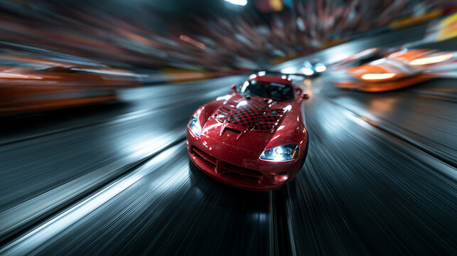 Red Sports Car Racing at High Speed on Track