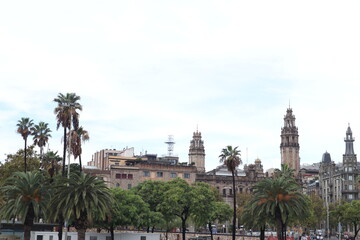 Wide urban view of Barcelona city square with palm trees and historic towers under cloudy sky © Yaroslav