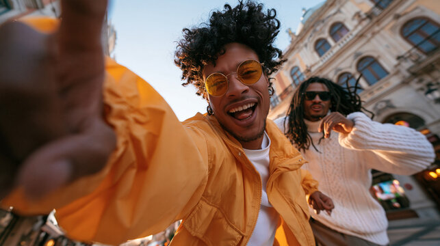 Excited Young Friends Taking Selfie on City Street