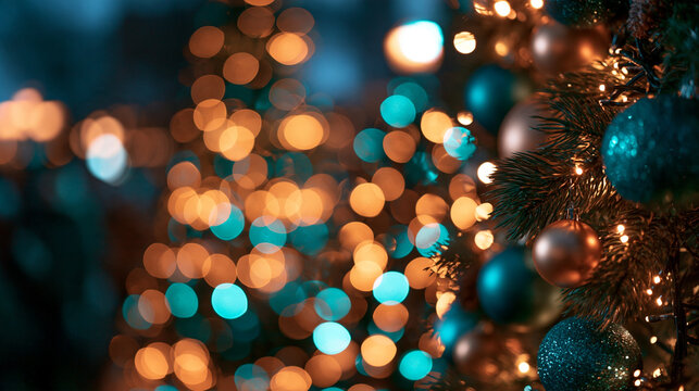 Christmas Tree Decorated with Baubles and Glowing Bokeh Lights
