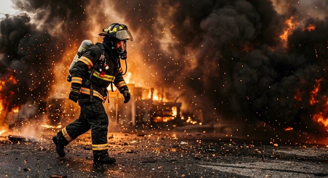 Person in fire protective uniform with helmet near smoke sparks