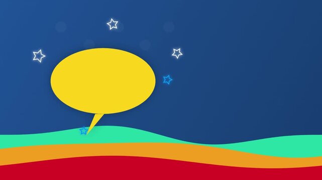 Animated speech bubble with bright yellow fill and blue border on dark navy background featuring colorful wavy landscape layers and glowing white and blue decorative star icons for communication desig