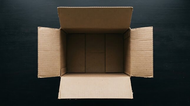 Opened empty cardboard parcel box on a dark background. Top view