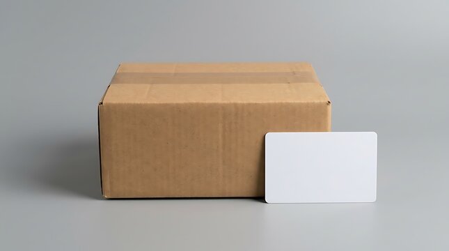 Packing box with empty white bank card on a gray background. Template for design