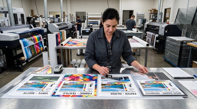 A woman meticulously examining printed sheets of paper in a print shop, surrounded by large format printers and supplies