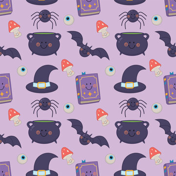 Cute Halloween seamless pattern featuring cartoon cauldrons, witch hats, magical books, mushrooms, and adorable spiders. Perfect for festive backgrounds