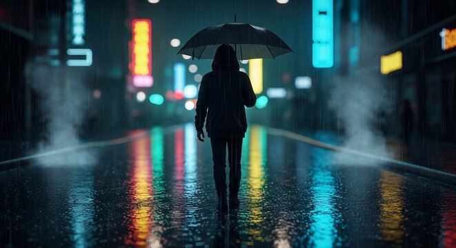 Person walking umbrella night scene