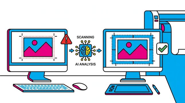 AI analysis of an image on a computer monitor. The image is being scanned and analyzed by artificial intelligence, with a successful scan indicated by a checkmark