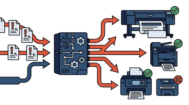 Illustration of a system distributing documents to multiple printers, indicating efficient workflow and data processing