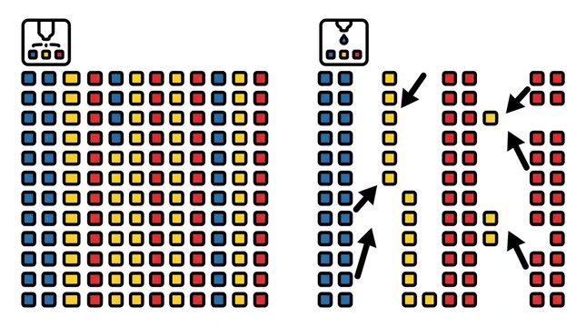 Visual representation of data sorting or categorization, showing a grid of colored squares on the left and a transformed arrangement on the right with arrows indicating movement or process