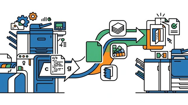 Illustration of a document workflow, showing a digital document being processed and copied by a printer and then transmitted to another machine.