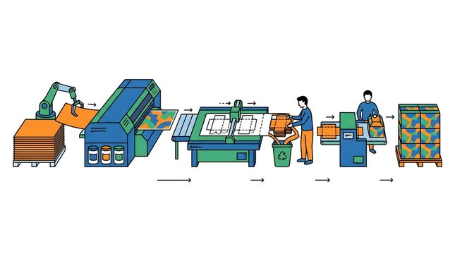 Industrial automation line with robotic arm, printing machine, cutting machine, and packaging station, showcasing a modern manufacturing process