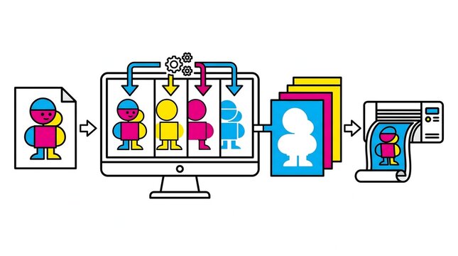 A visual representation of the printing process, from digital design to final output. The graphic illustrates how an image is processed through CMYK color separation and then printed onto paper