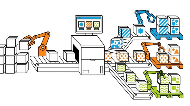 Automated production line with robotic arms sorting and packing boxes. The system features a central control panel and multiple conveyor belts distributing goods.