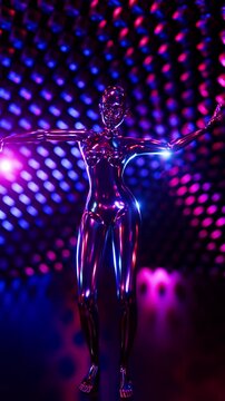 A futuristic metallic humanoid figure dances energetically against a dark background illuminated with pulsing blue and purple LED lights.