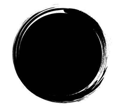 Brush circle paint, round frame grunge texture. Black crayon stain, border ink stroke. Stamp hand drawn icon isolated on white background. Simple vector illustration