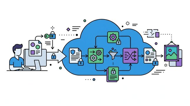 Cloud computing concept with data flow, user interaction, and security features. The diagram illustrates a process involving data transfer, processing, and storage within a cloud environment.