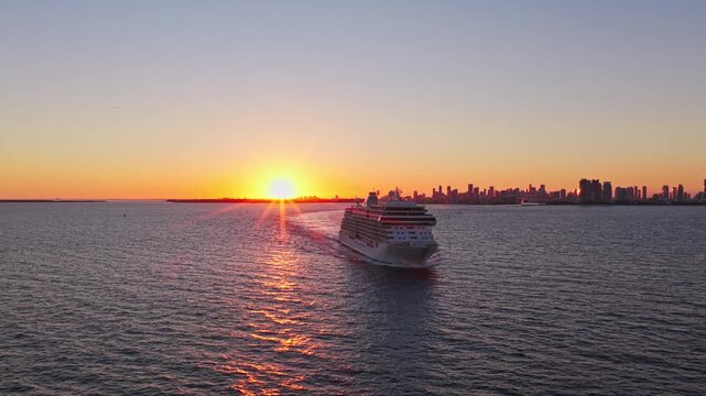Miami, Florida, USA - March 31, 2026: Regent Seven Seas Cruises. Cruise ship tour at sunset. Ship leaving Miami beach port. Seven Seas Grandeur cruise ship voyage. Cruise sunset summer vacation