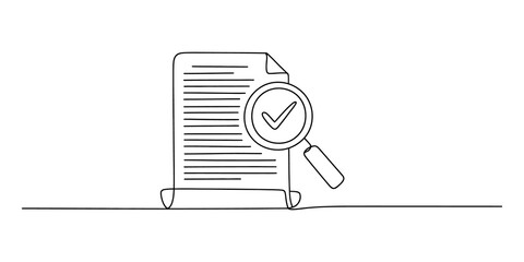 Continuous line drawing of a document file with a magnifying glass and check mark © Graphics Art