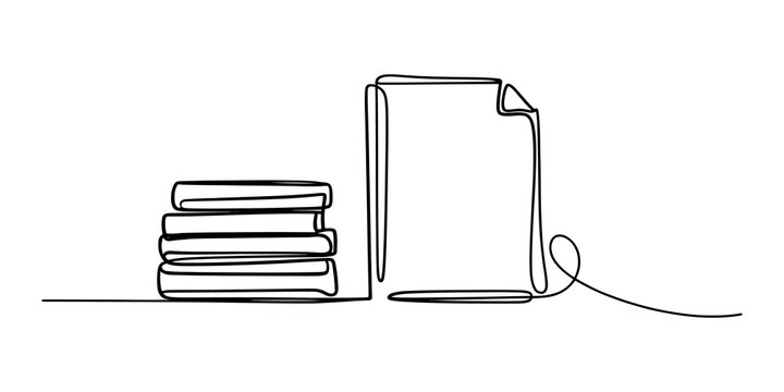 Continuous line drawing of a stack of books and a notebook